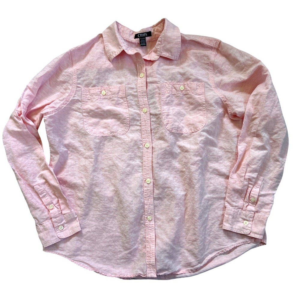 Chaps Button Down Shirt Women XL Pink Linen Cotton Blend Long Sleeve